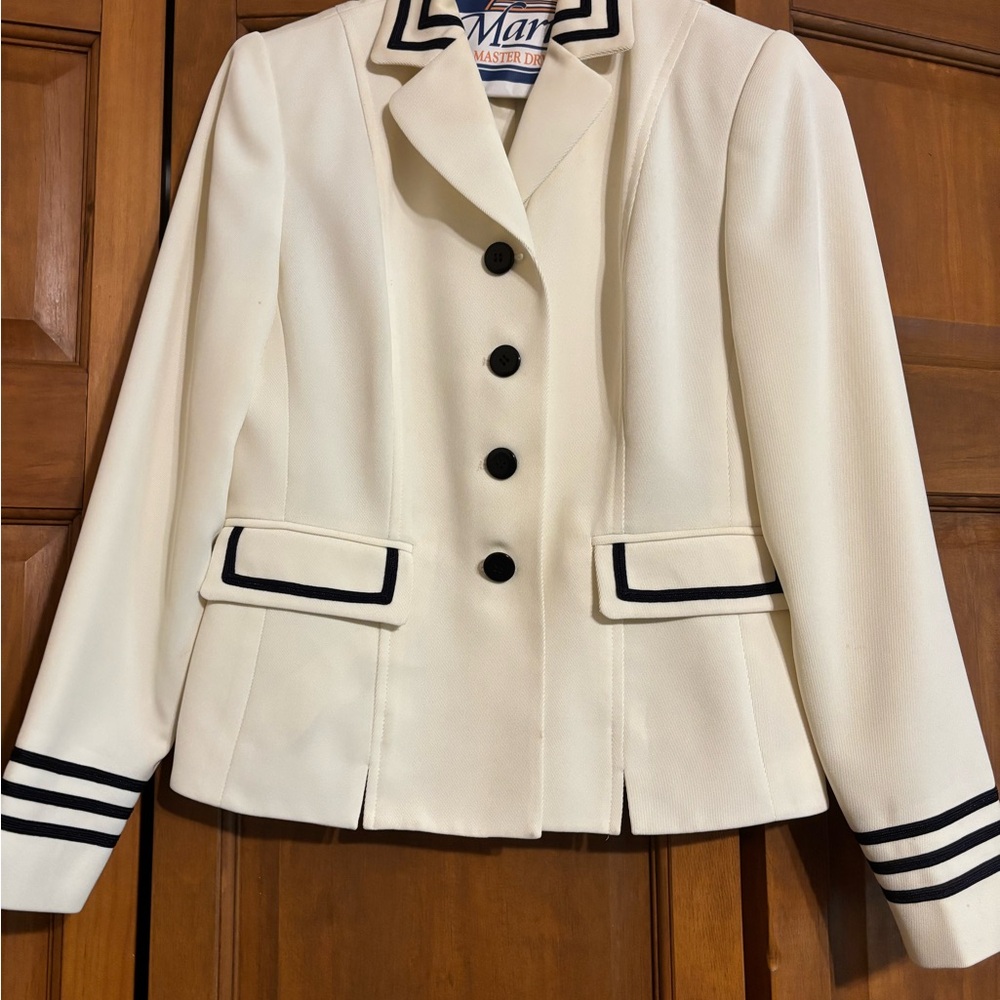 Petite Sophisticate Cream Blazer with Navy Trim